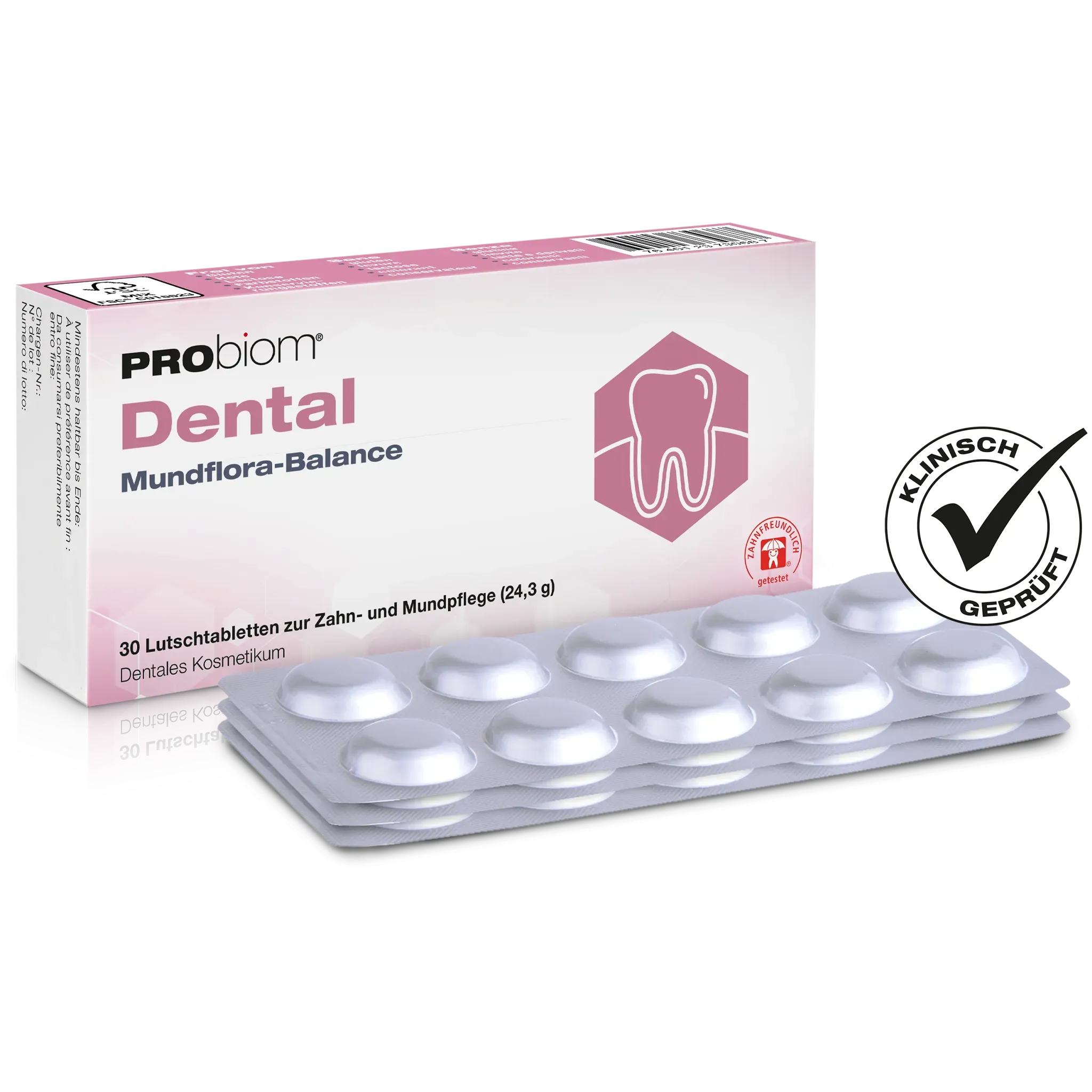 PRObiom® Dental Verpackung mit Blister – 30 Lutschtabletten, minzig frisch und klinisch geprüft.